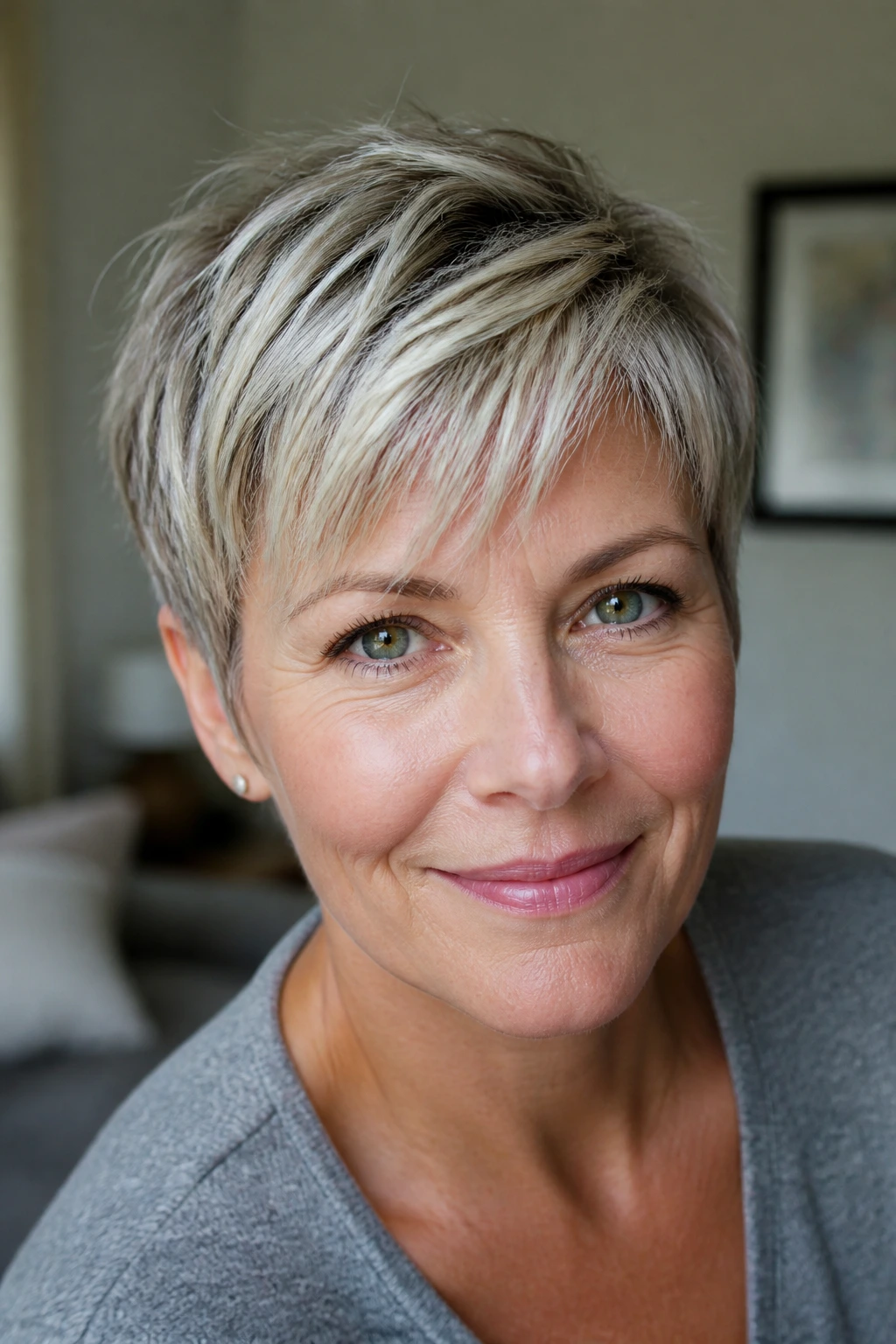 Real woman with pixie cut and silver-blonde highlights weaving through top layers