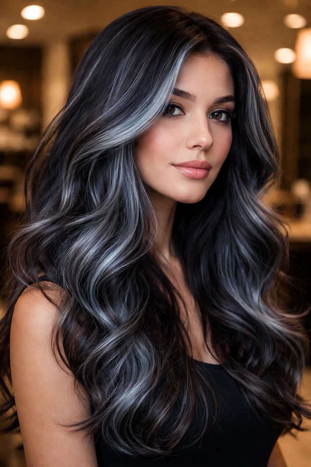 Close-up of hair with silver-blue highlights on a real person in a salon