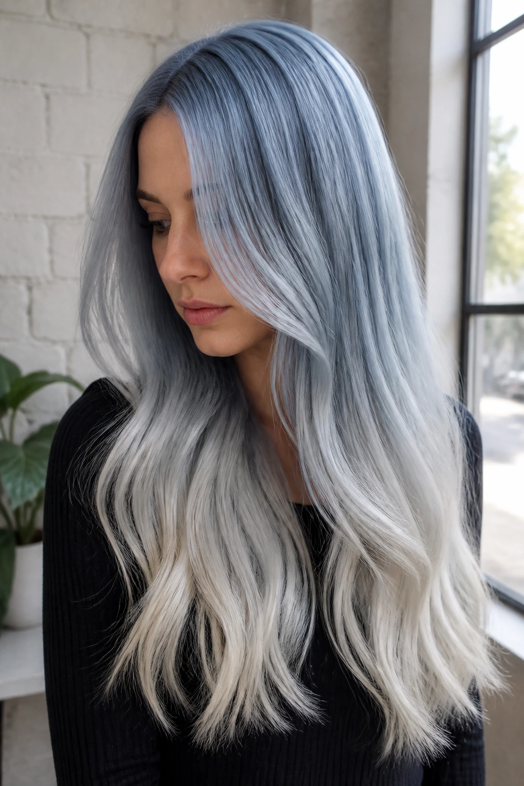 Real person with silver blue to ivory ends ombre on long hair