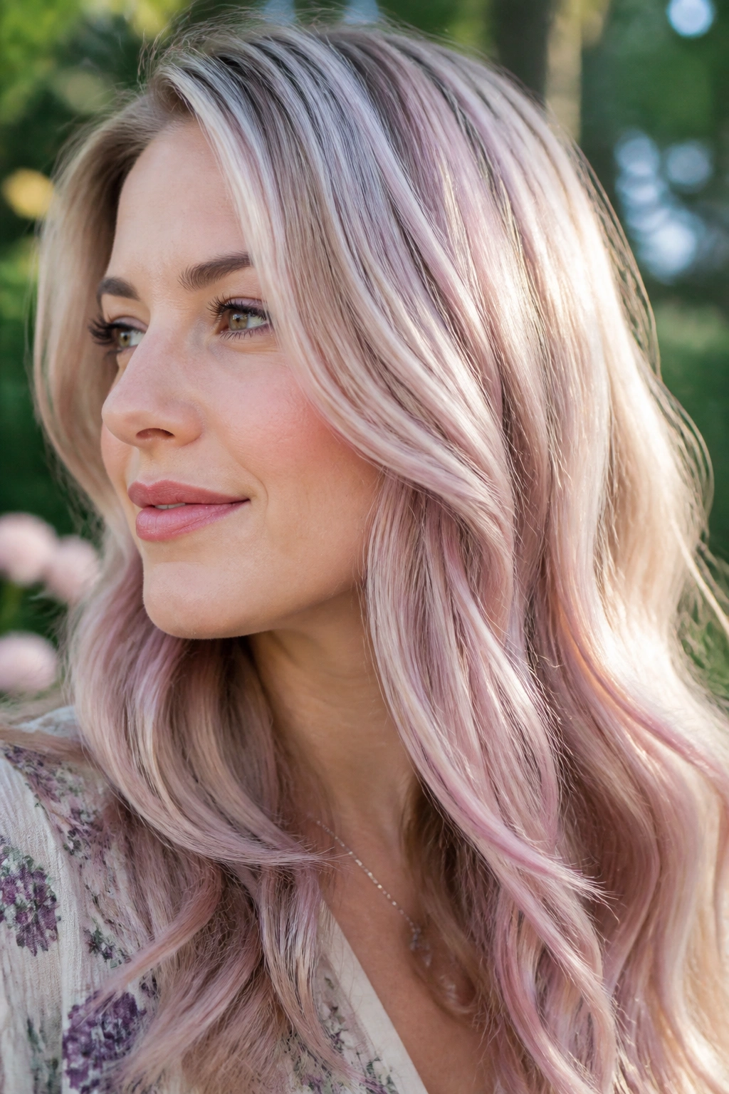 Close-up portrait of a real person with silver blush balayage hair outdoors