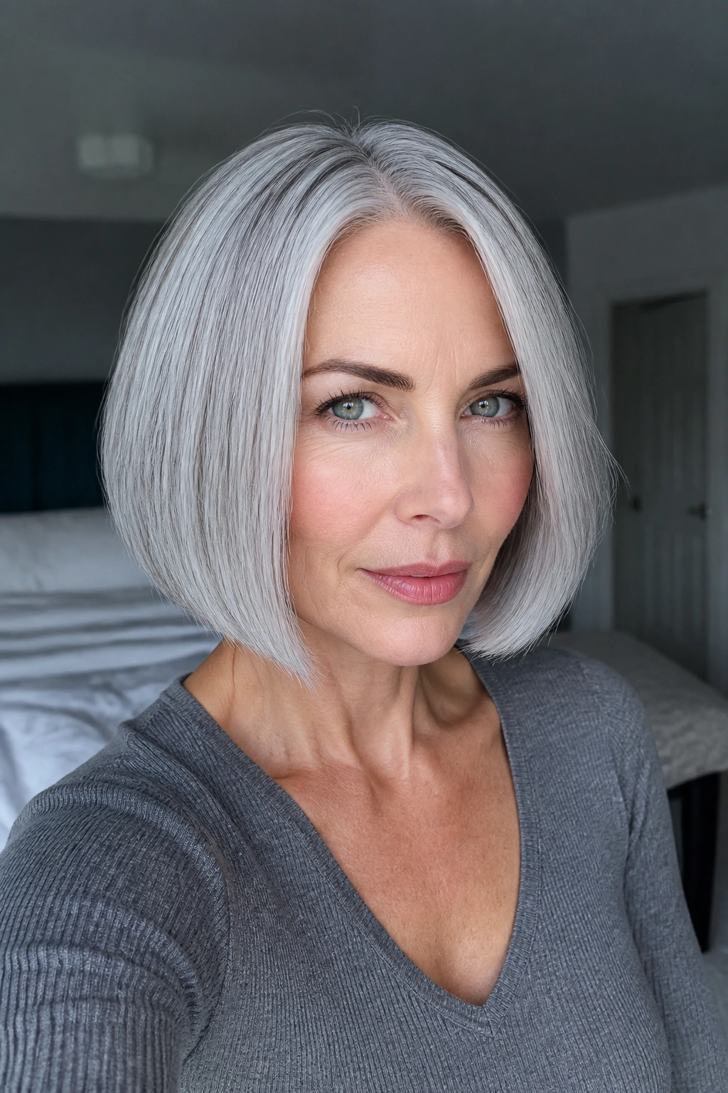 Close-up portrait of a real woman with an icy silver-grey bob for cool skin tones