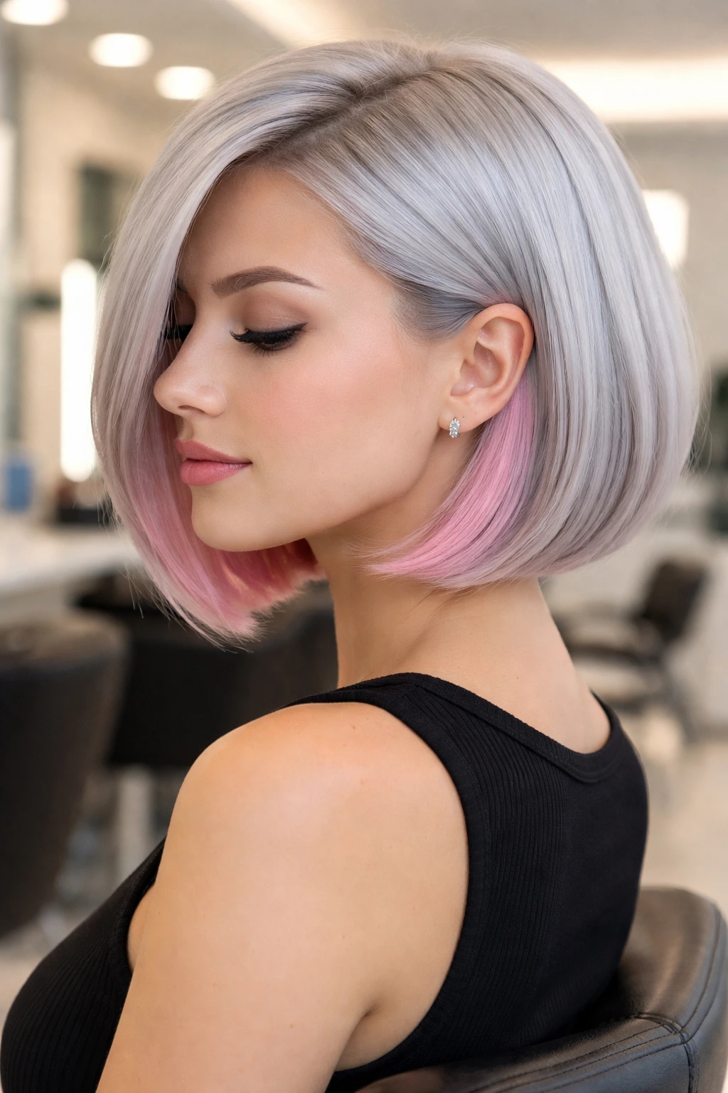 Portrait of a real woman with silver bob and pink peekaboos behind ears