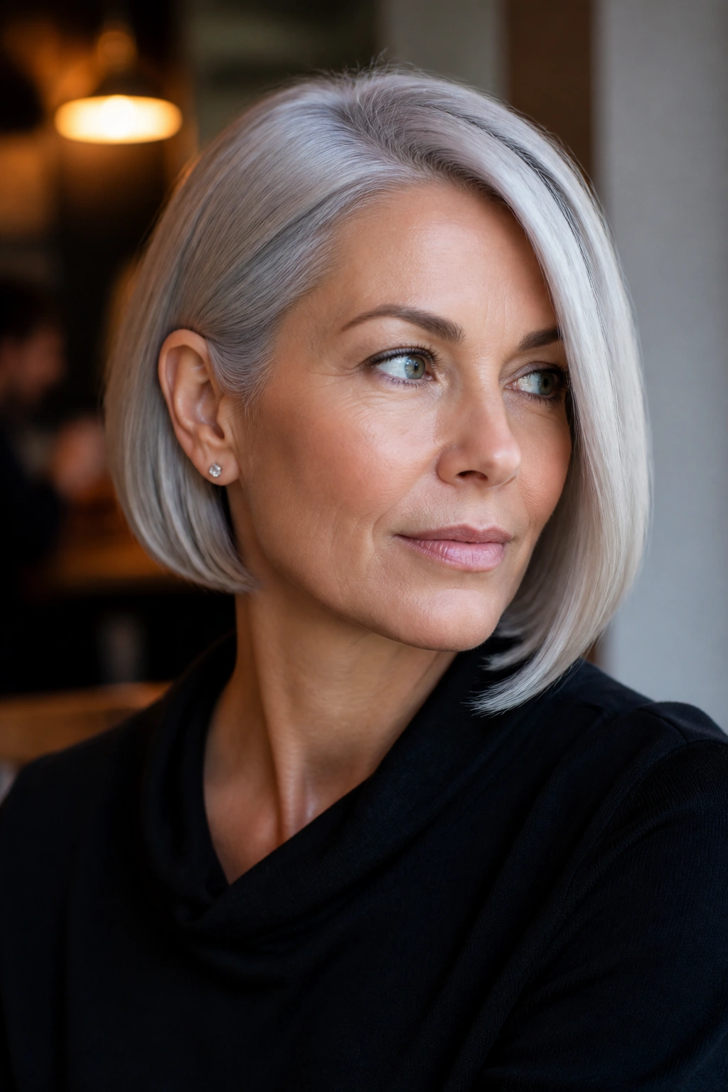 Close-up of a real person with sleek chin-length bob tucked sides