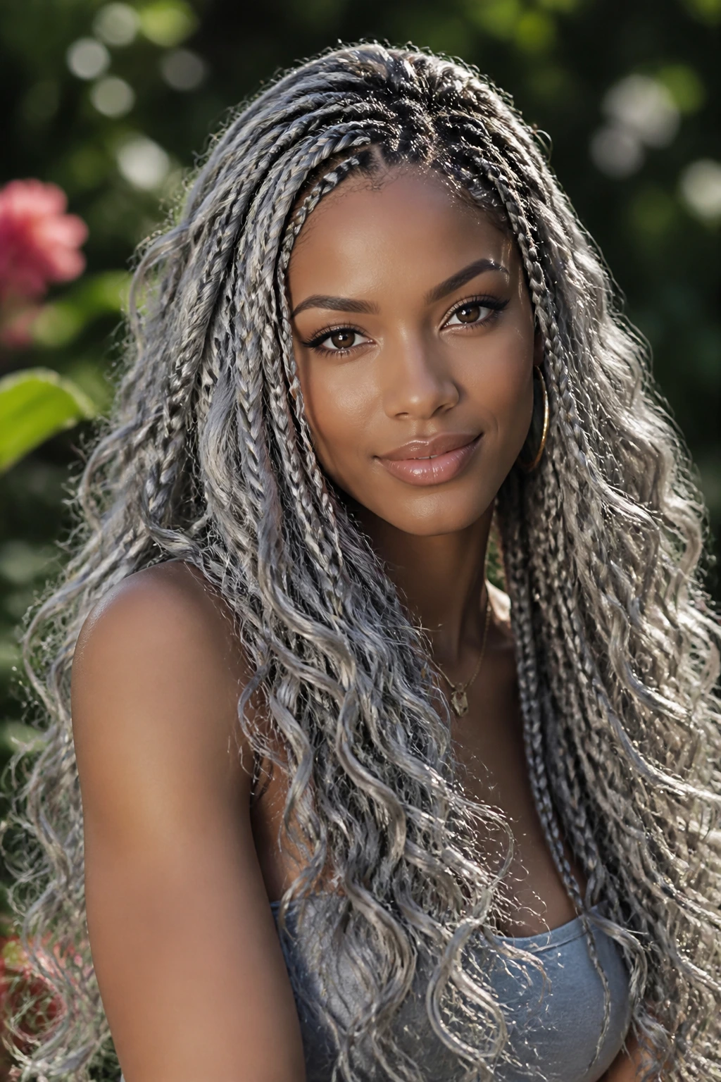 Close-up of a real woman with silver boho braids and loose curls
