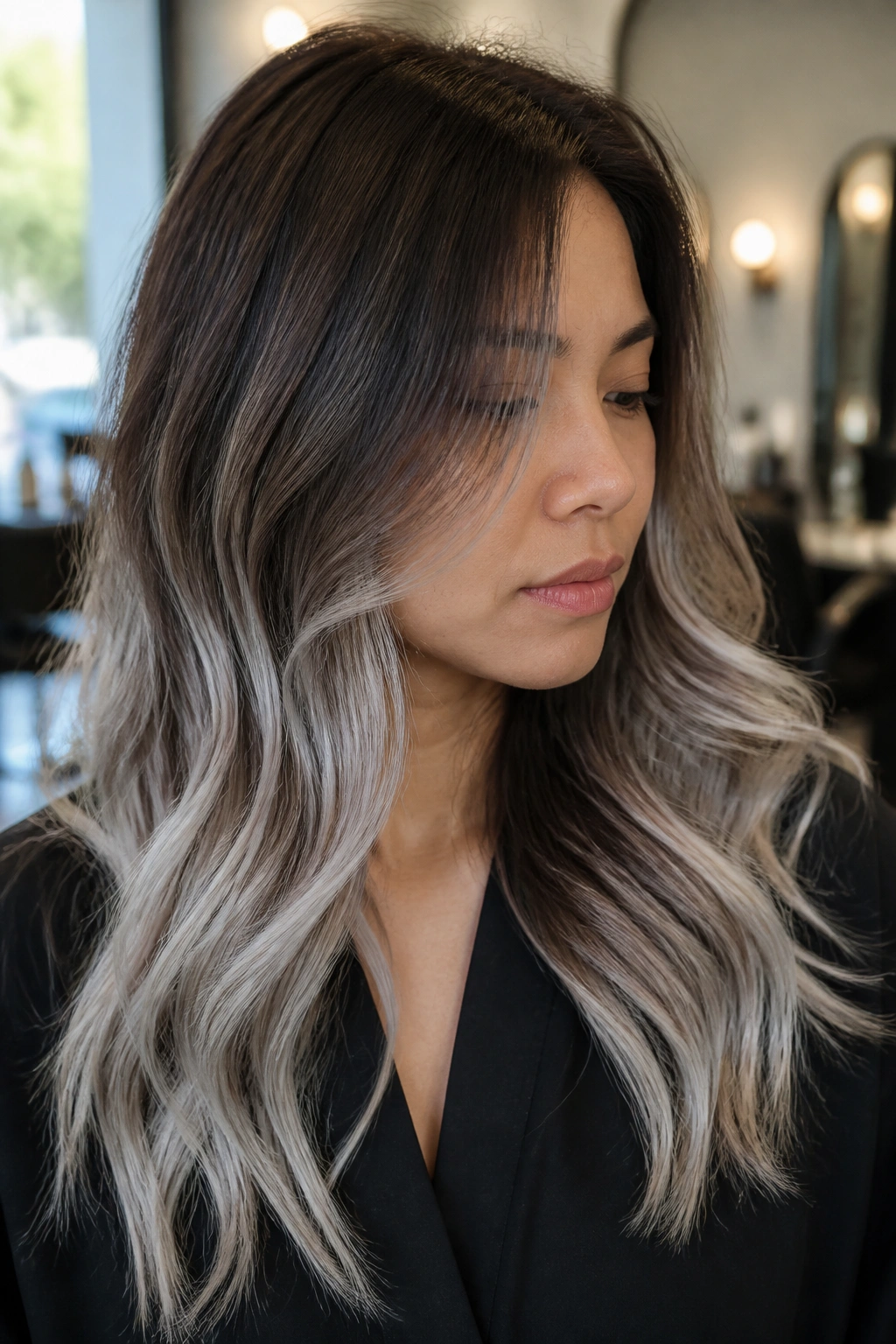 Close-up of a real woman with silver-brown ombré hair from dark roots to silver-beige ends