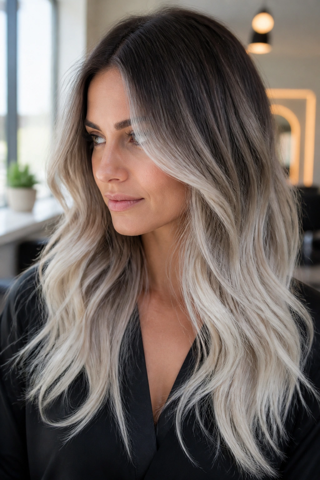 Real woman with silver-soft brunette and platinum ends in a layered cut