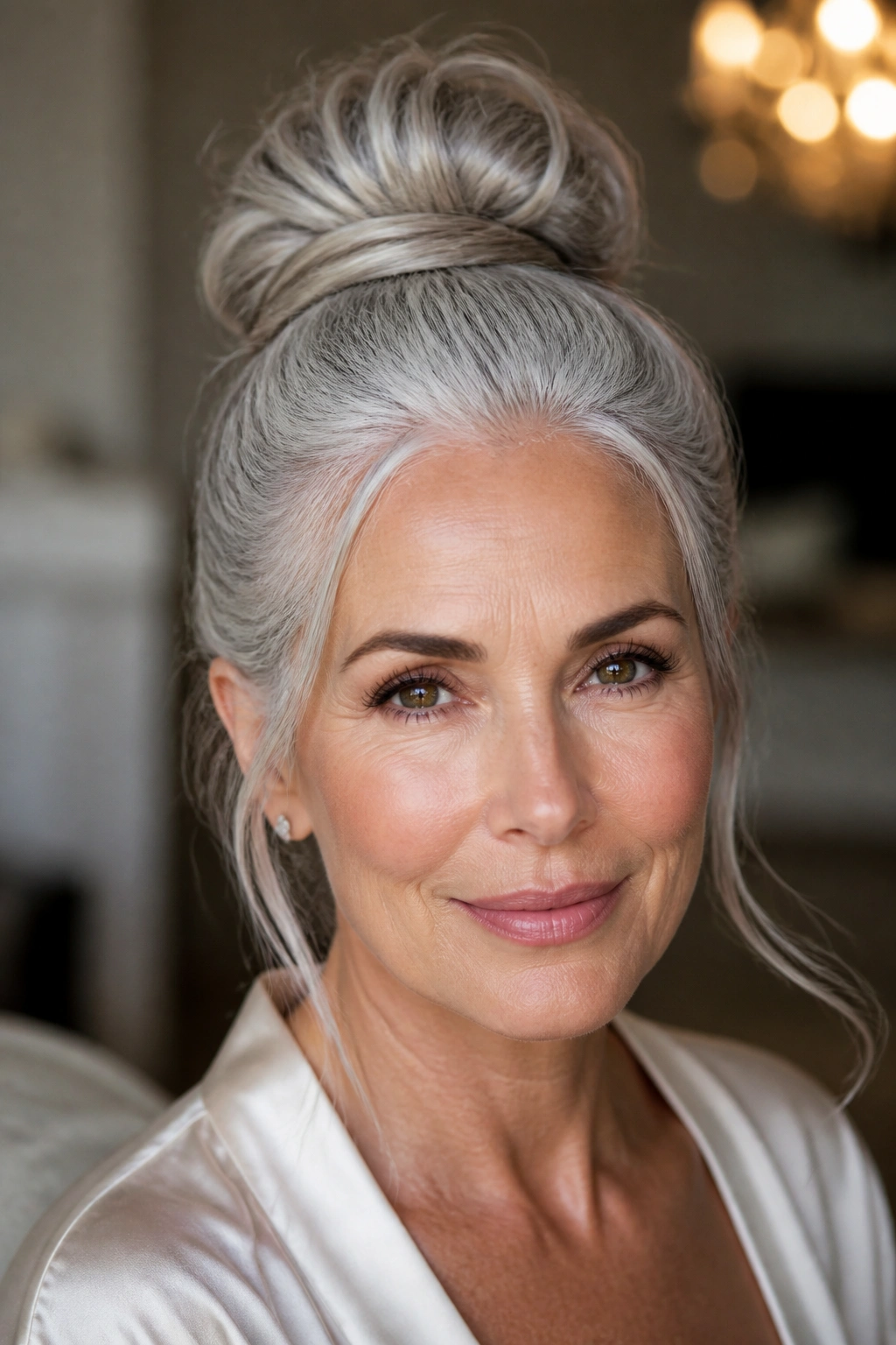 Close-up portrait of a real woman with a polished silver bun and crown lift