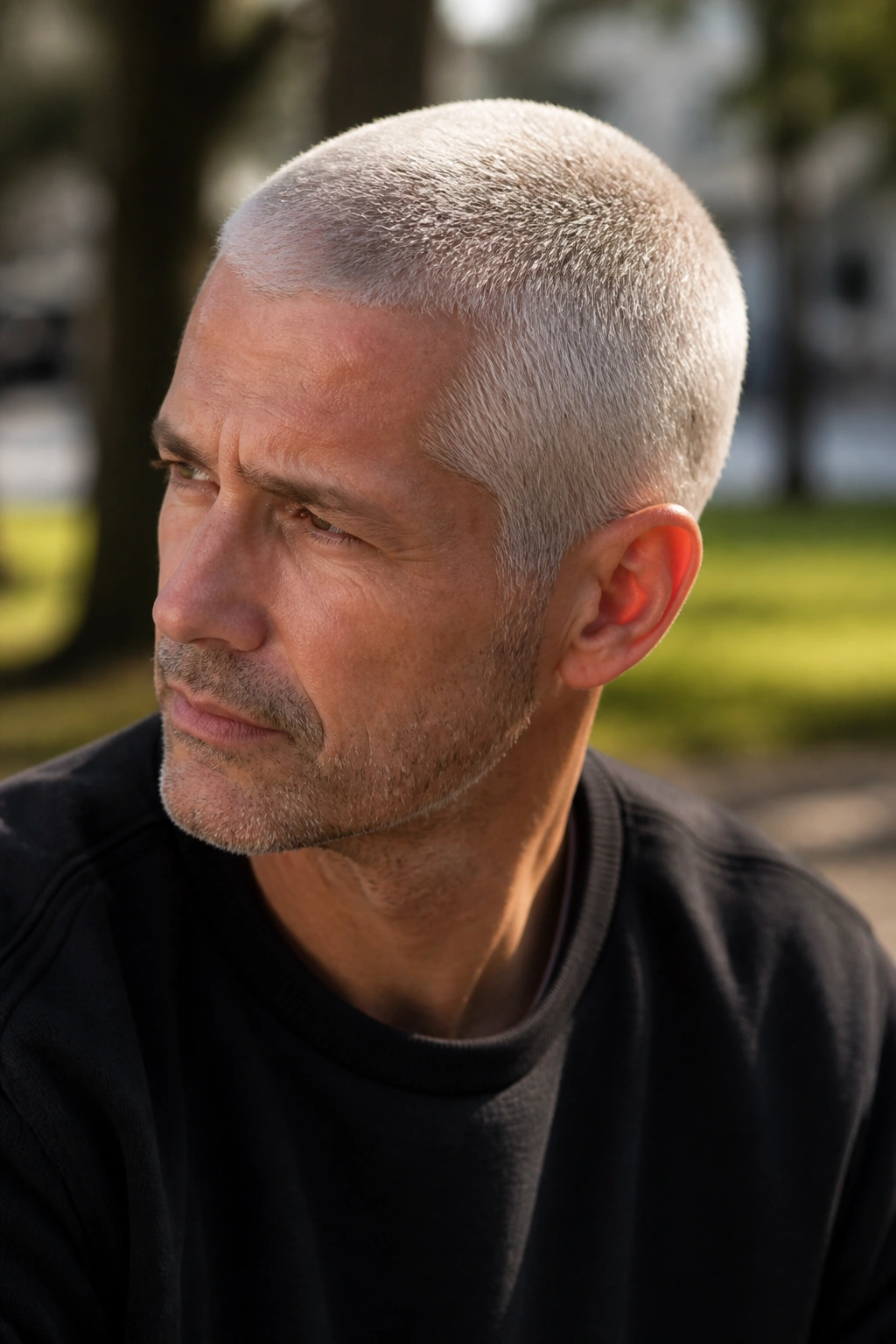 Close-up portrait of a man with a silver buzz cut in outdoor daylight