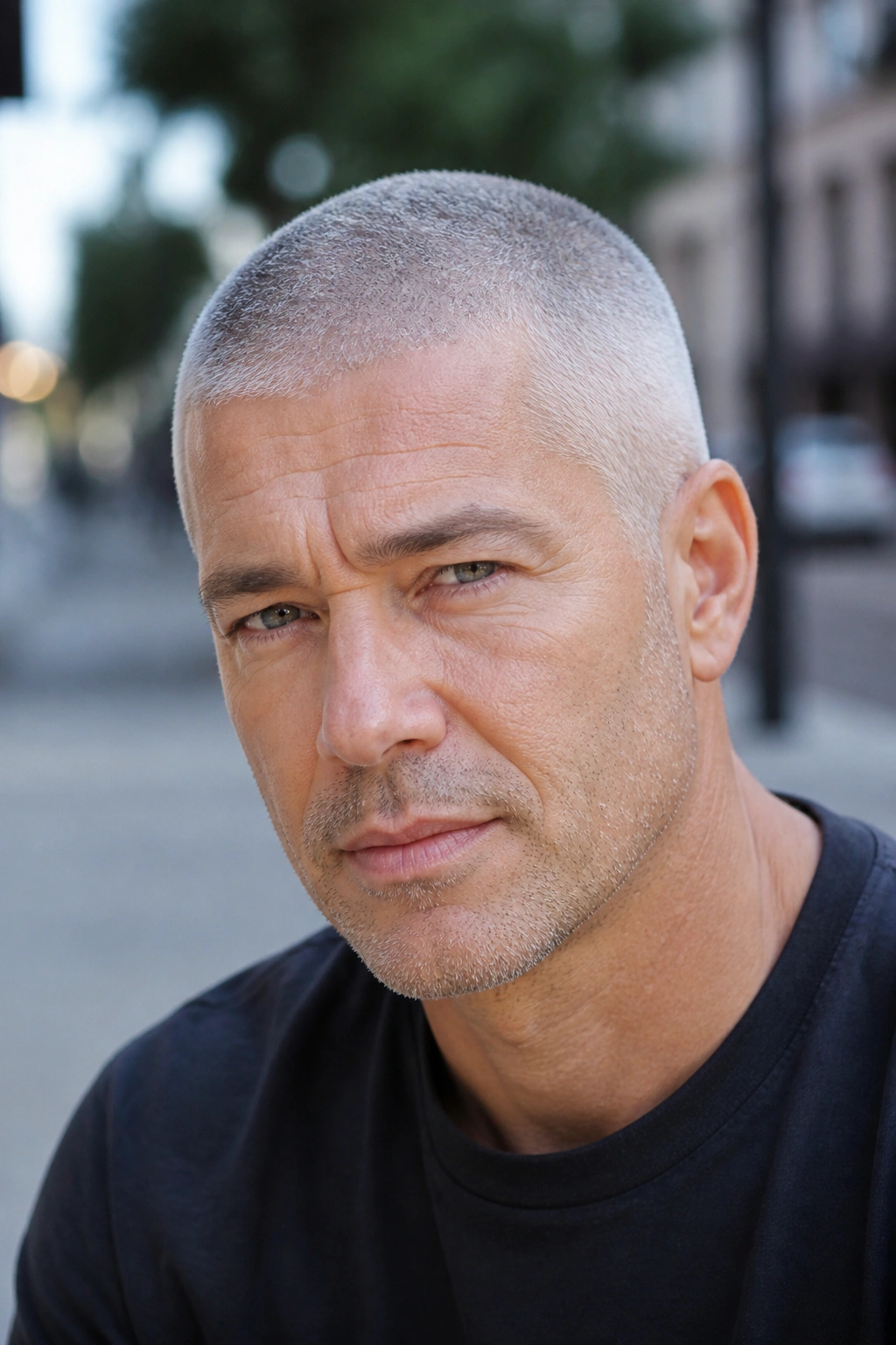Close-up portrait of a real man with a silver buzz cut in an urban outdoor setting