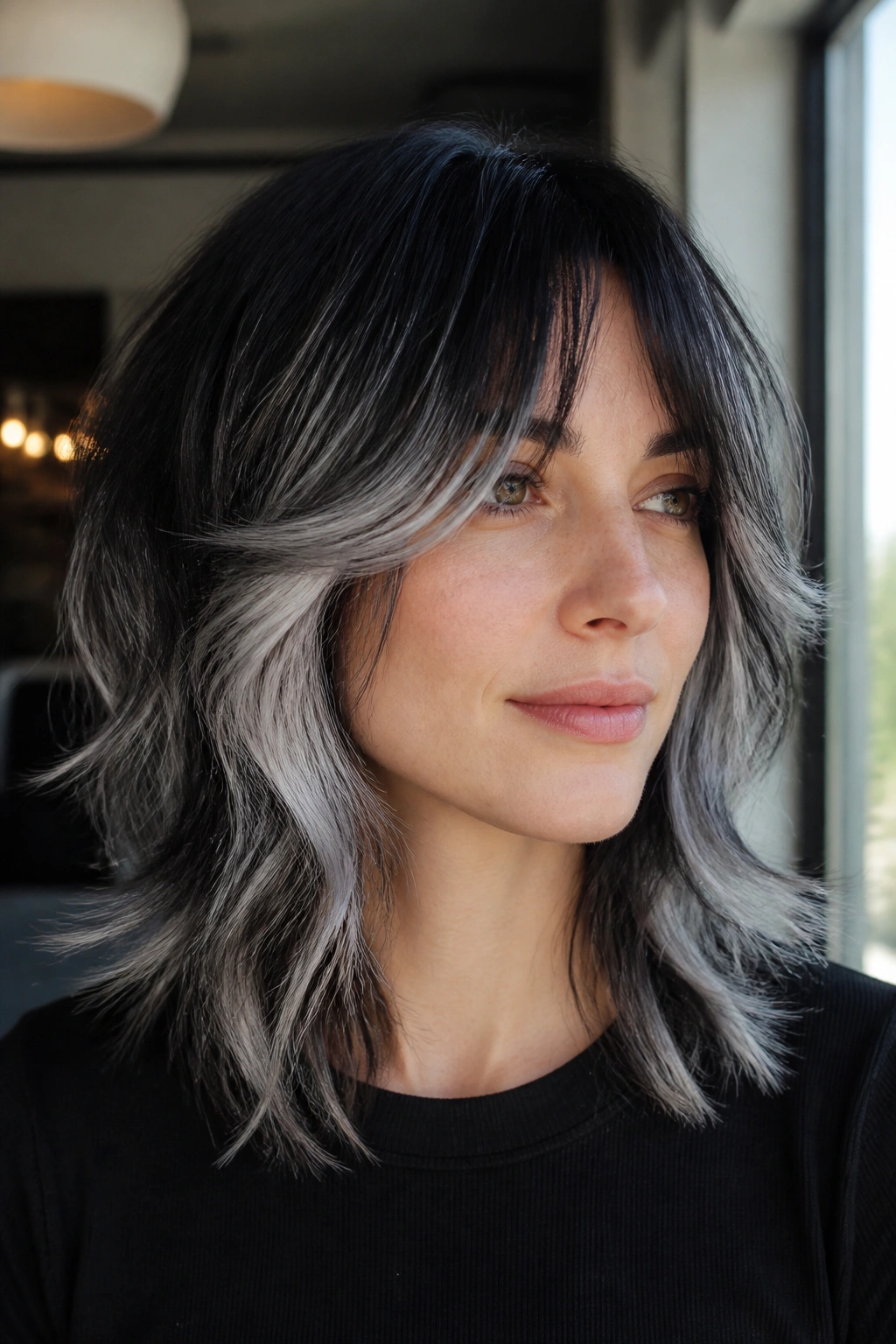 Close-up portrait of a real woman with silver cascade on layered shag hairstyle