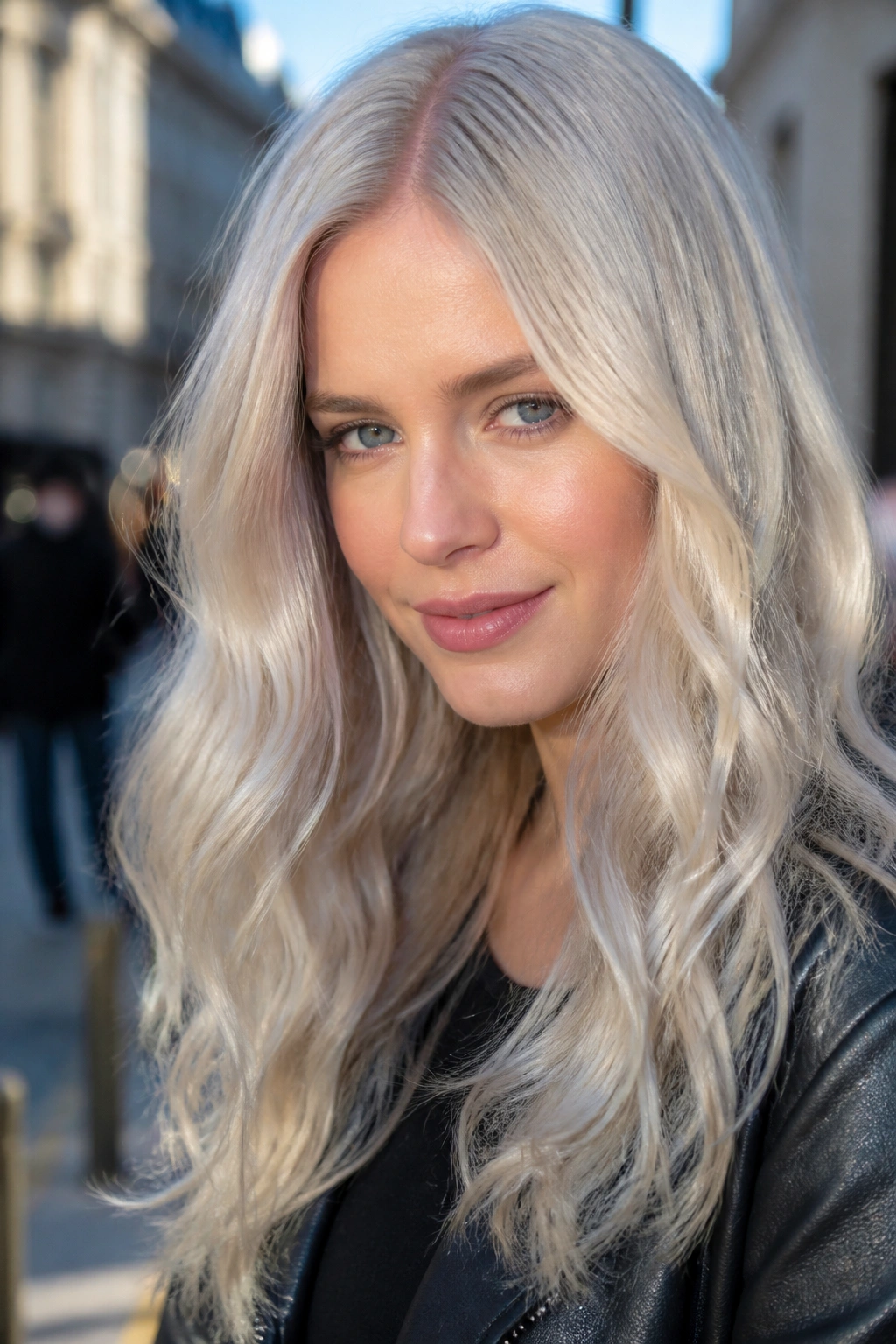 Close-up portrait of a real woman with silver champagne blonde and pearly finish in outdoor daylight.