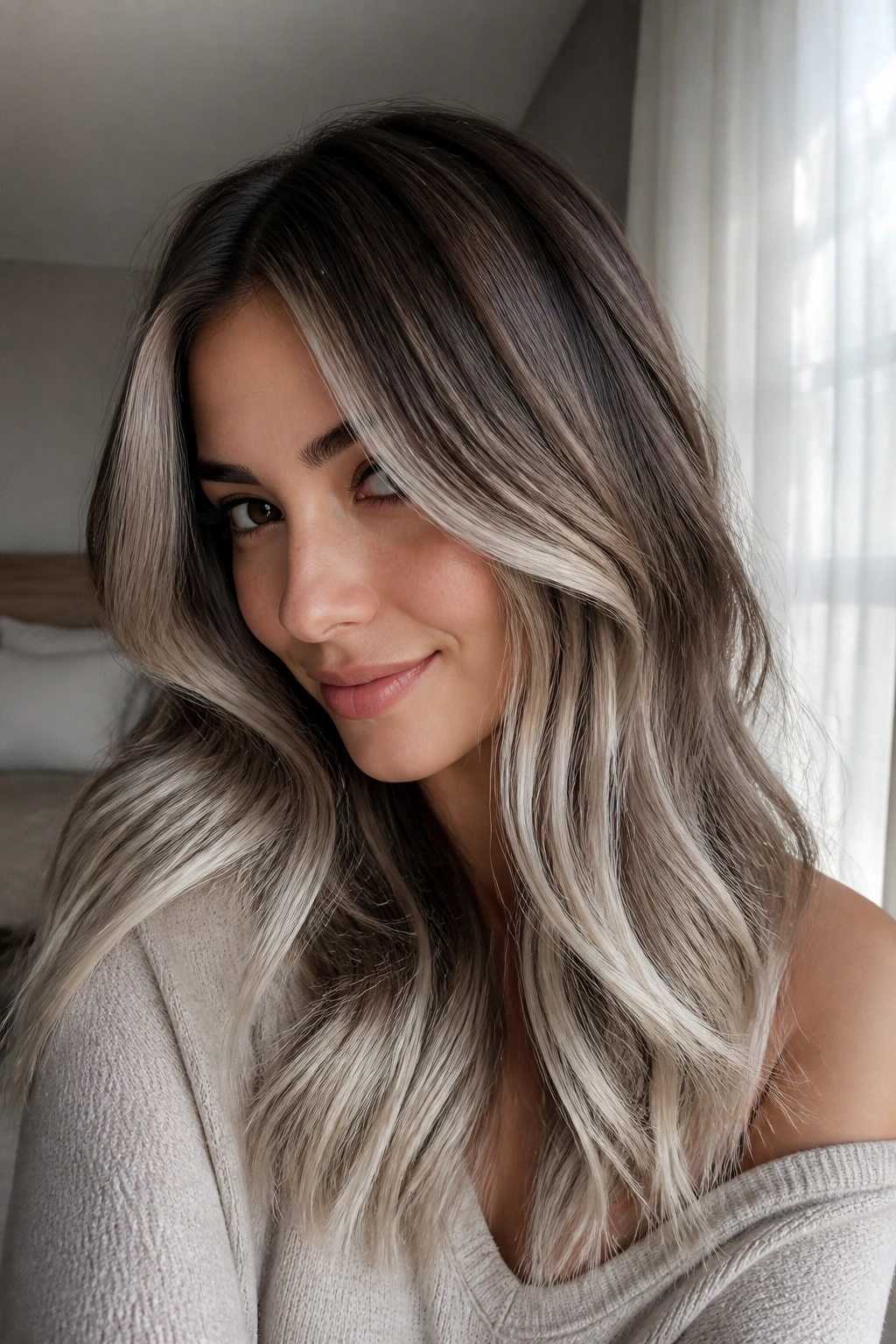 Neutral brown hair with champagne silver balayage