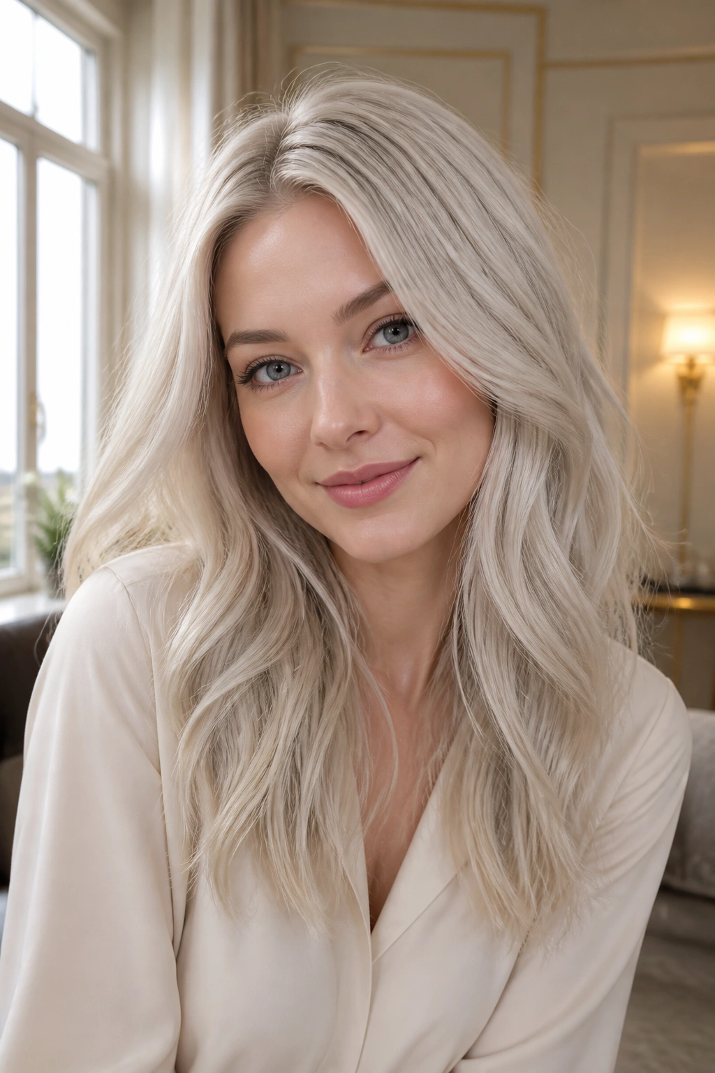 Close-up portrait of a real woman with Silver Champagne Blonde in soft interior light.