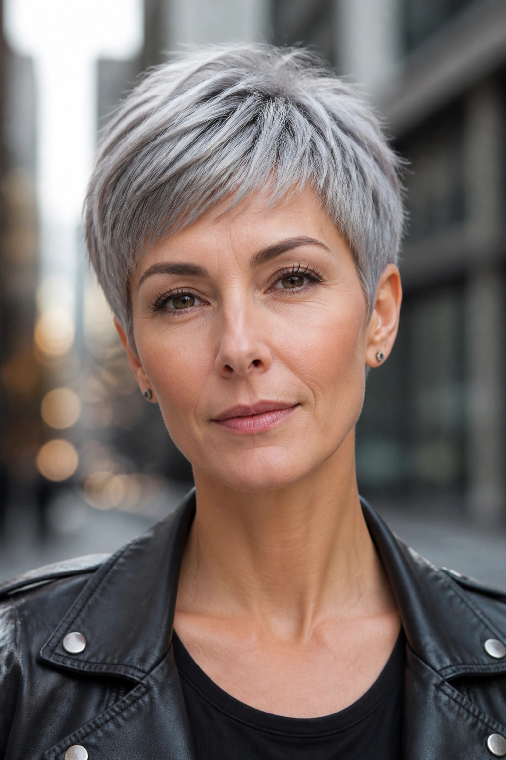 Close-up of a real person with a silver chrome pixie cut and steel sheen.