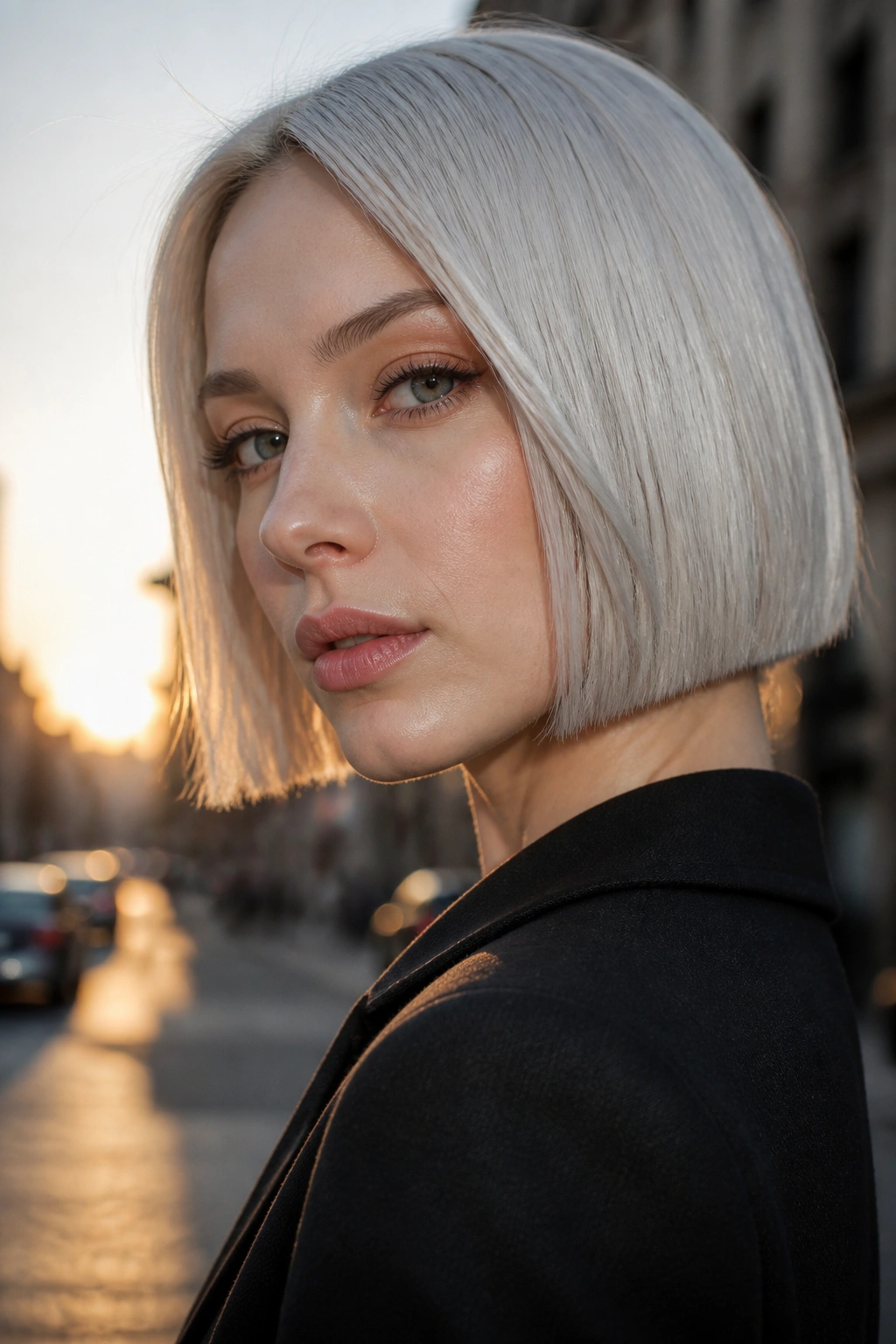 Real woman with silver-chrome platinum bob hairstyle