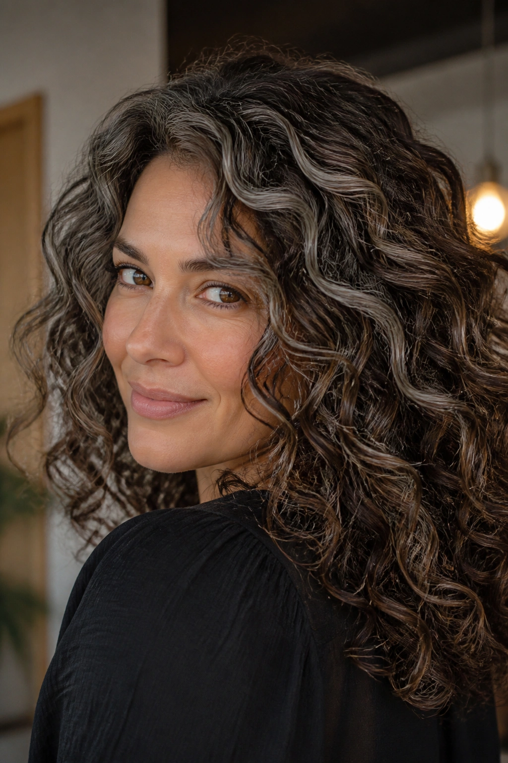 Curly brown hair with silver contour highlights around face