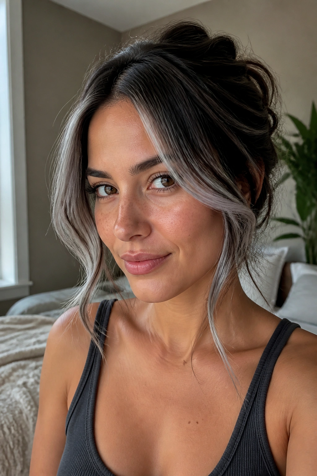 Close-up of a real woman with face-framing silver contour highlights around the cheekbones