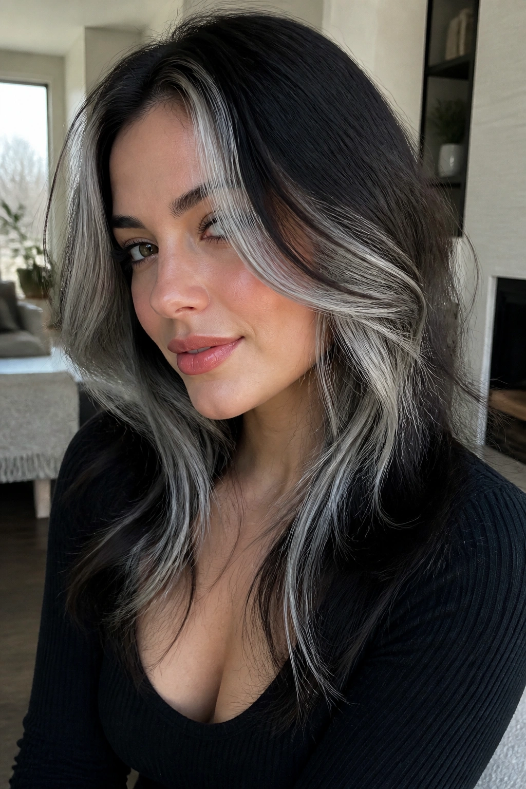 Portrait showing silver contour highlights along temples and jawline