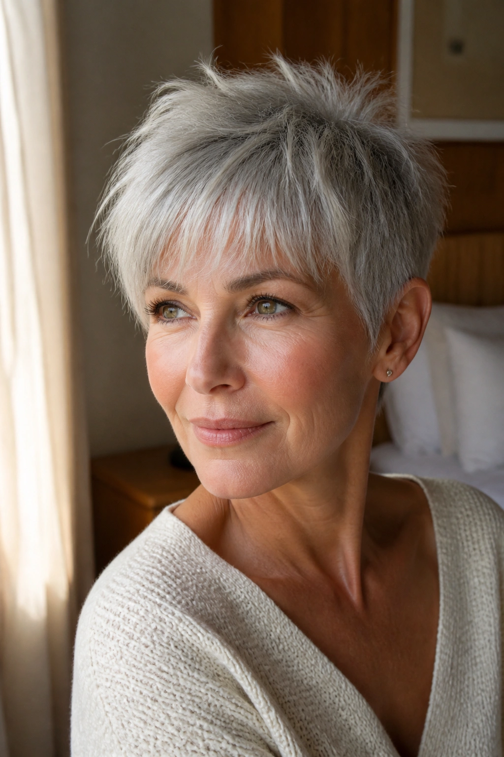 Close-up of a real woman with textured silver crop and soft fringe in window light