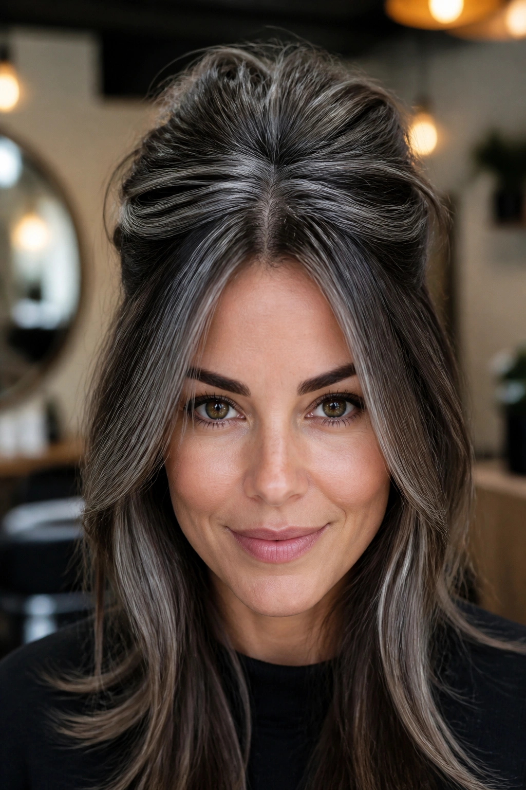 Close-up portrait of a real woman with silver grey crown highlights on brown hair