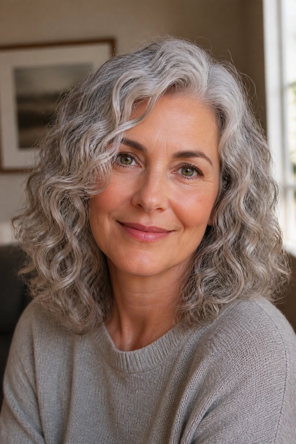 Close-up portrait of a real woman with medium silver curls and a diffused side part, soft natural light