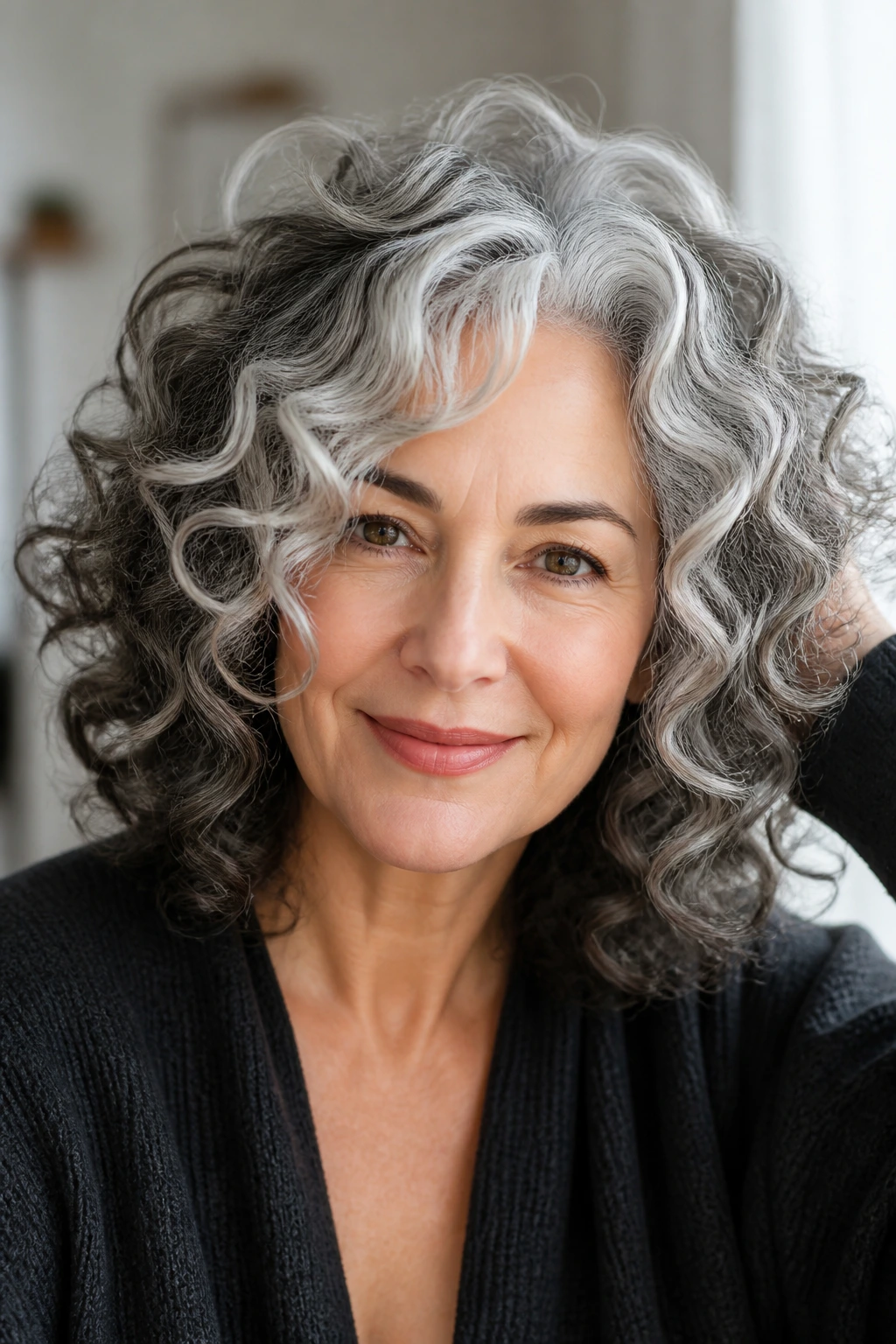 Close-up of a real woman with silvery face-framing curls