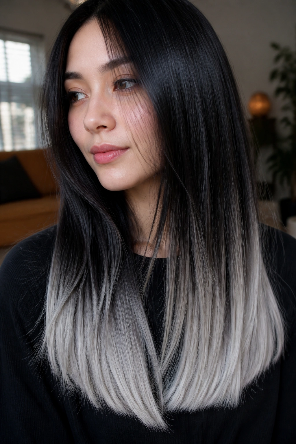 Close-up of long hair with blunt silver dip-dye ends against a cozy home backdrop