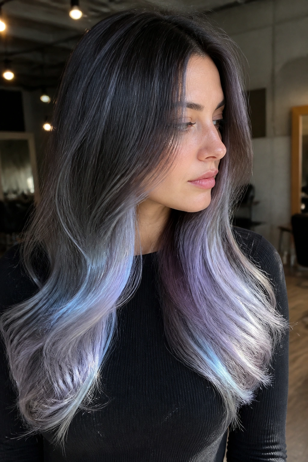 Close-up of a real person with holographic silver ends on the hair.
