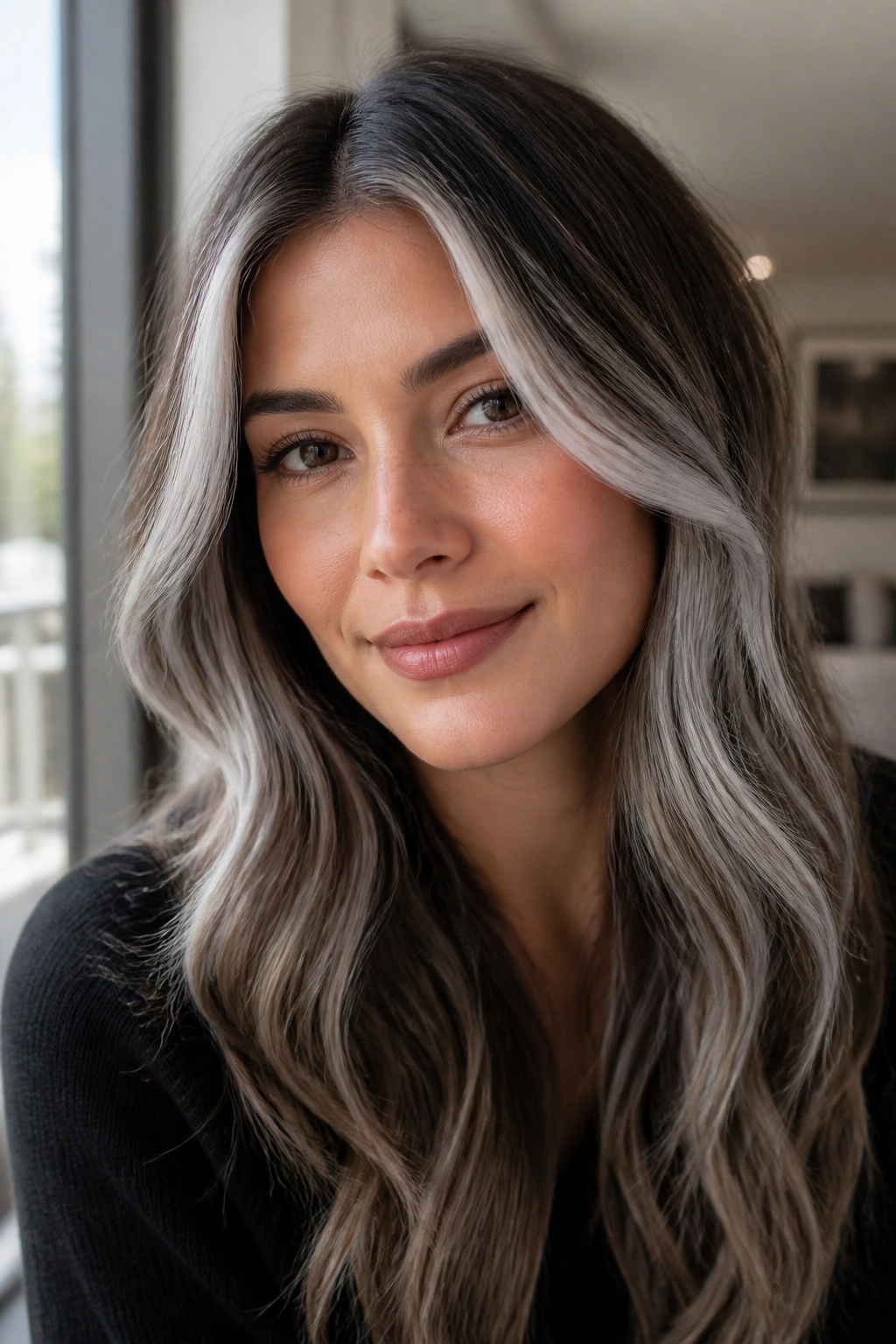 Real person with silver face-frame balayage highlighting cheekbones