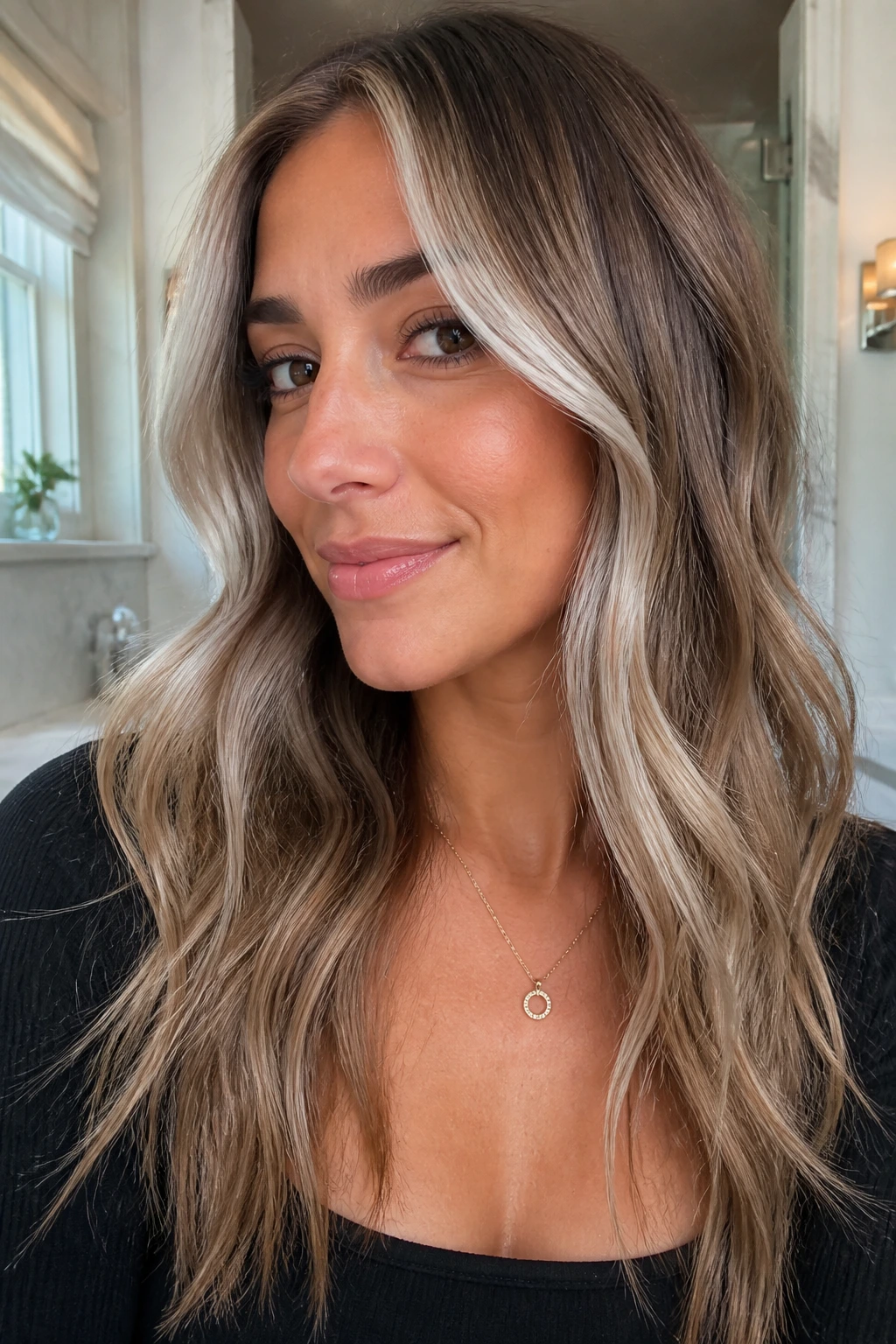 Close-up of a real woman with bronde base hair and silver face-framing layers around the cheeks.