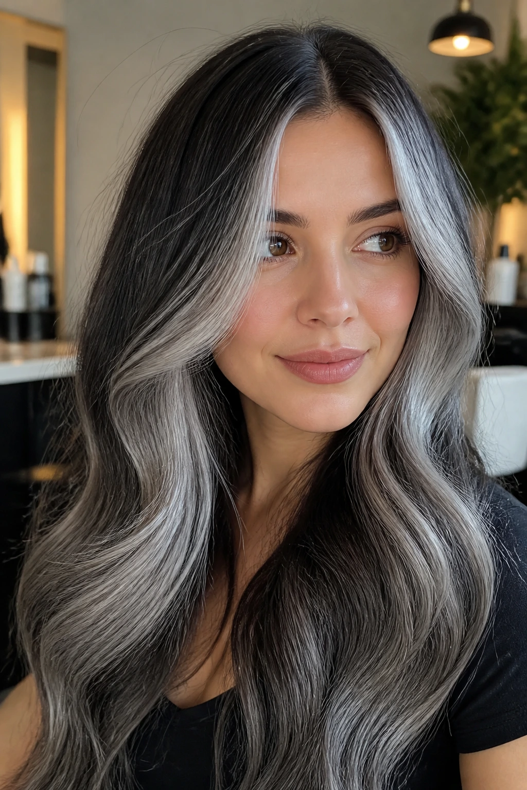 Close-up of hair with silver front pieces and dark roots framing the face on a real person