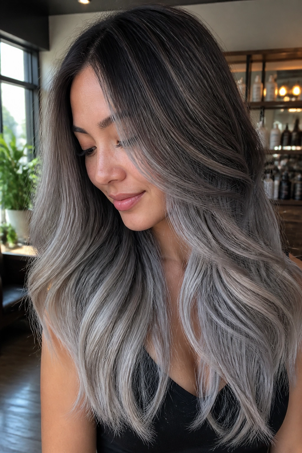 Close-up of a real woman with long layered brown-to-silver hair, soft waves, natural light