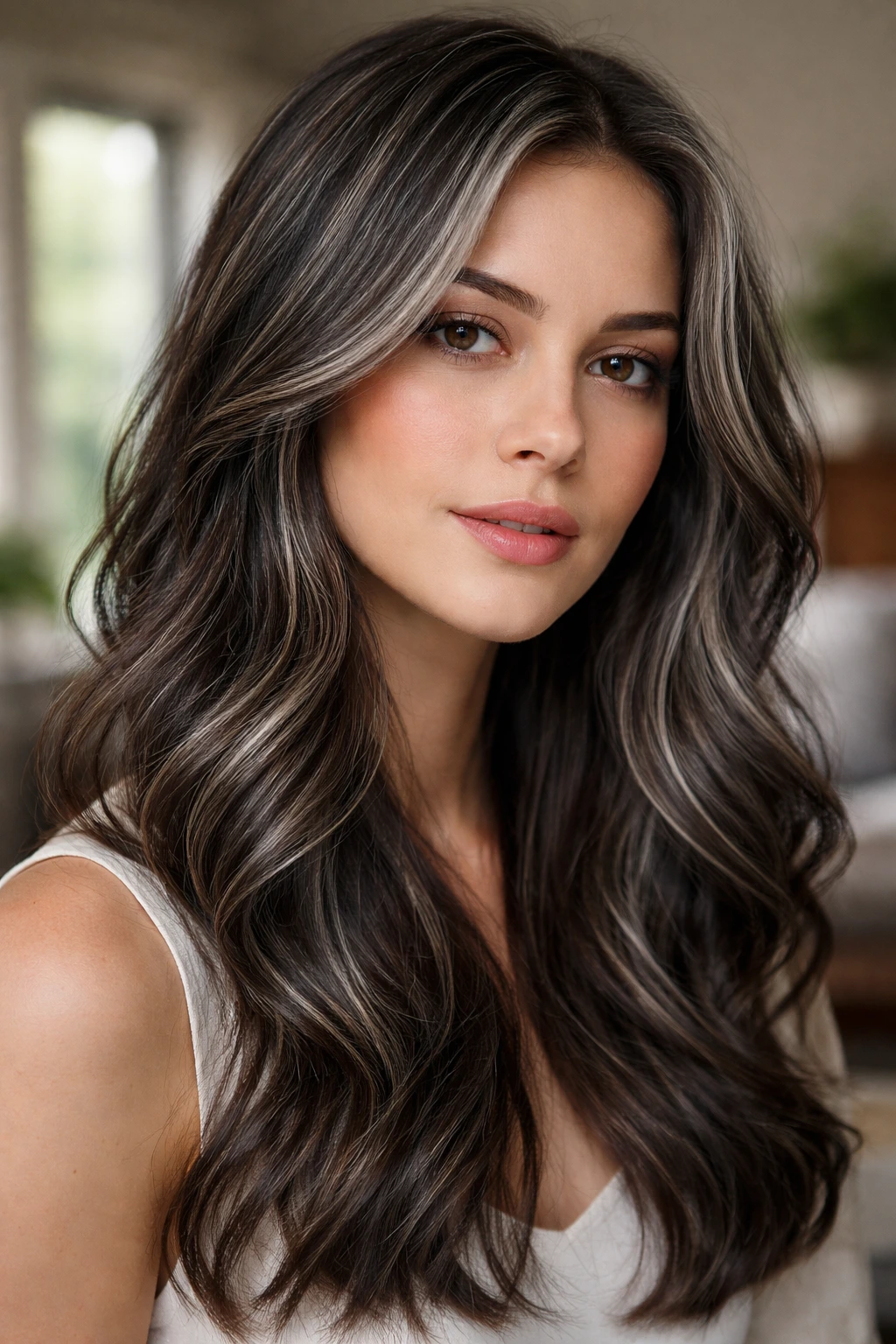 Close-up portrait of a real person with silver-flecked brown hair under natural window light.
