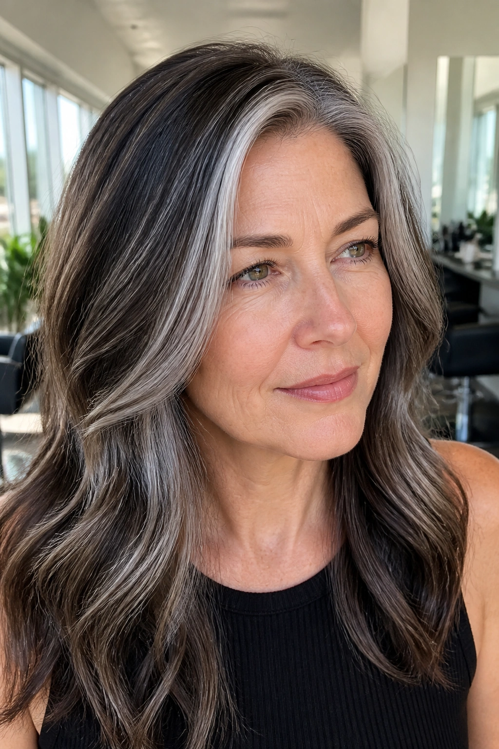 Close-up of a real person showing silver foil highlights on brunette hair.
