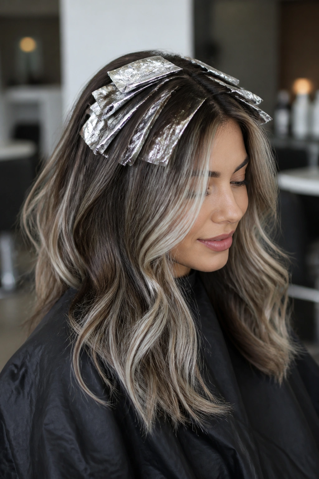 Close-up of a real person with bright silver foils and hand-painted balayage on brown hair in a salon setting.
