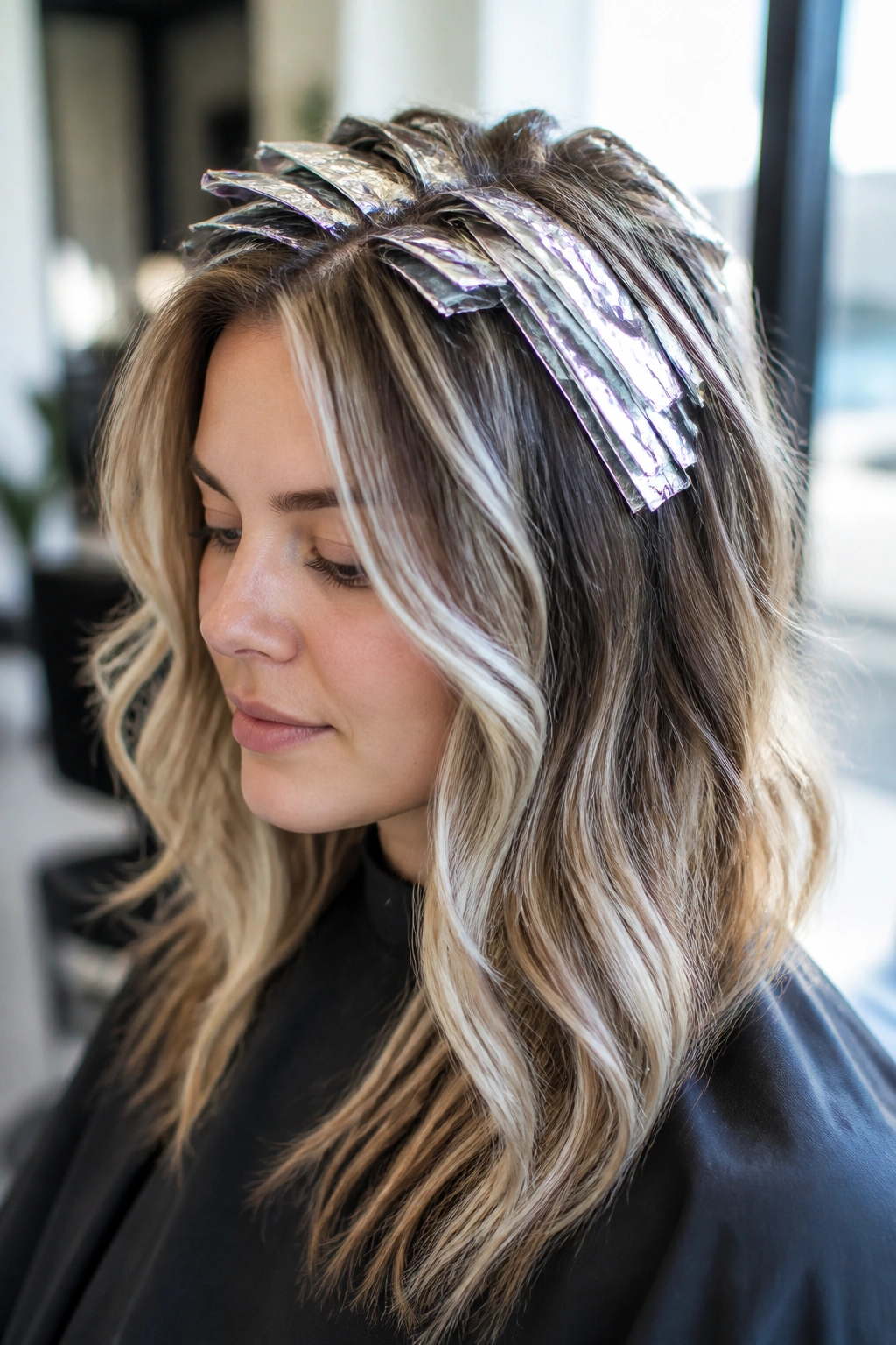 Close-up of a real woman with woven silver foils around the crown