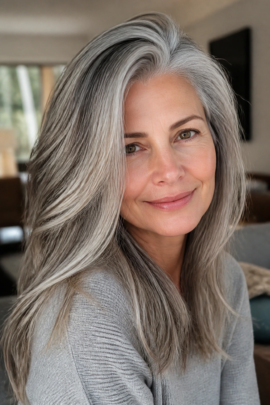 Close-up of gray hair with muted silver fox blend