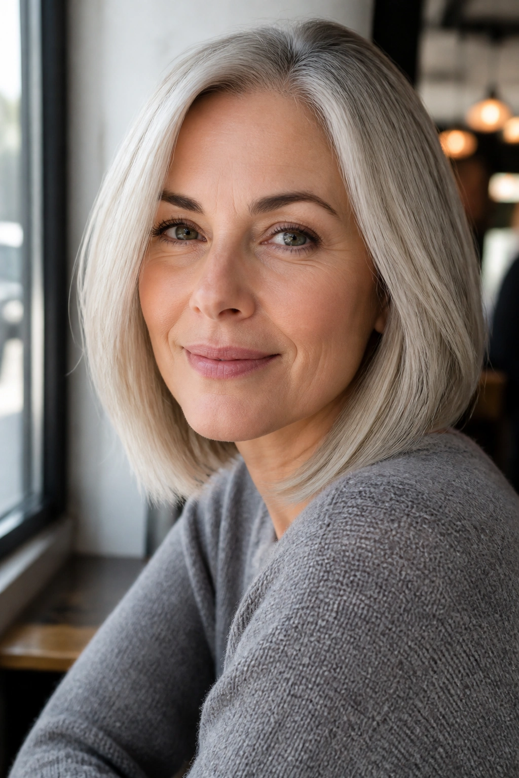 Close-up portrait of a woman with silver fox blonde hair in a sleek bob