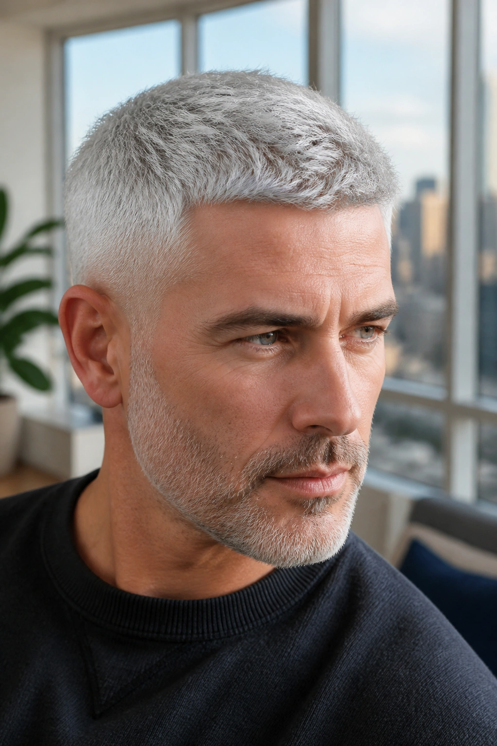 Portrait of a man with a short silver crop hair color.