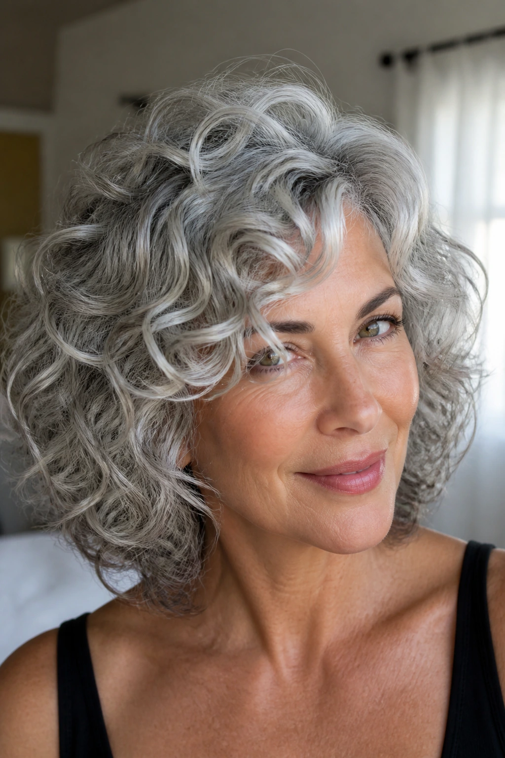 Close-up portrait of a real person with silver fox curls and glossy finish