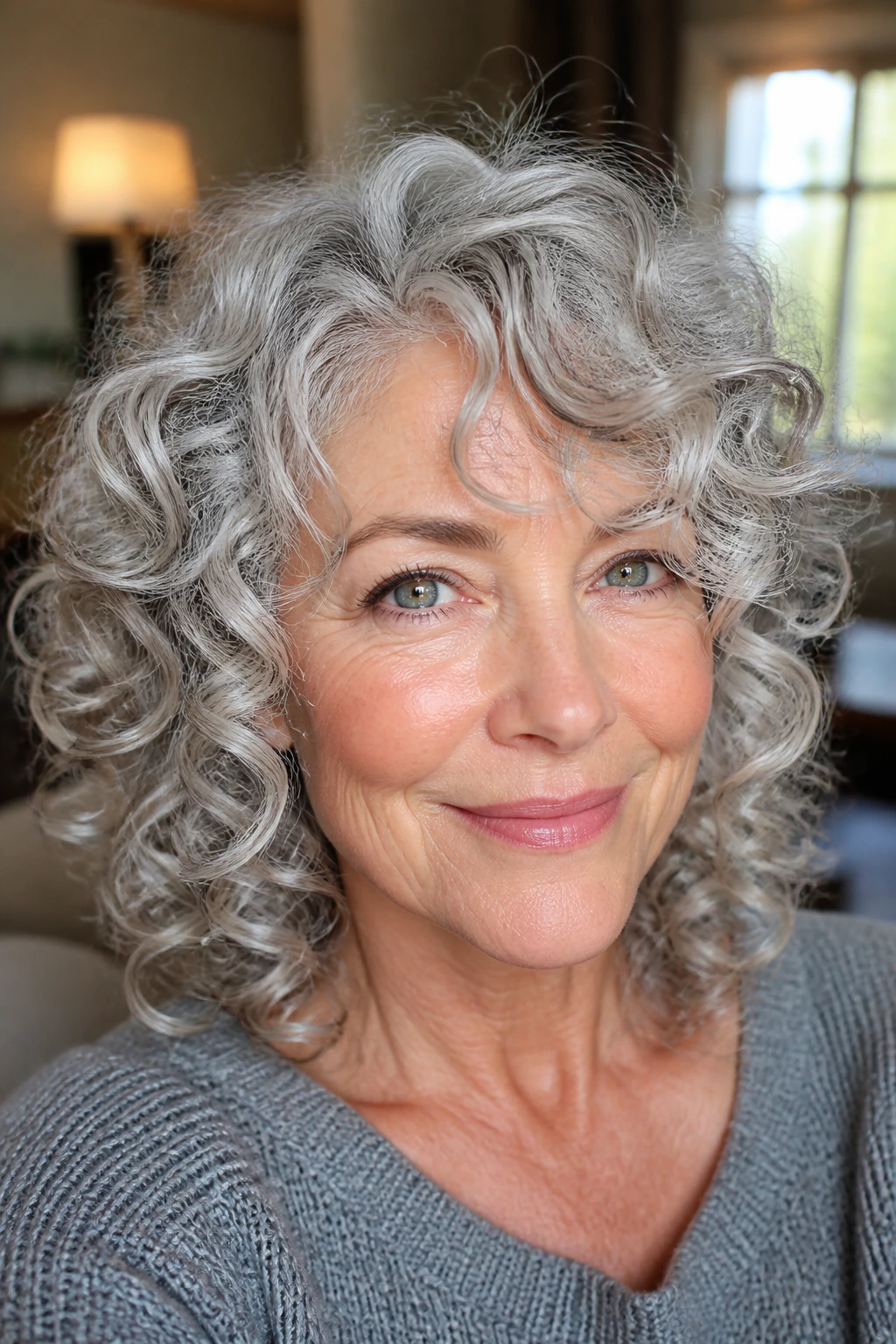 Close-up of a real woman with silver curls under bright indoor light