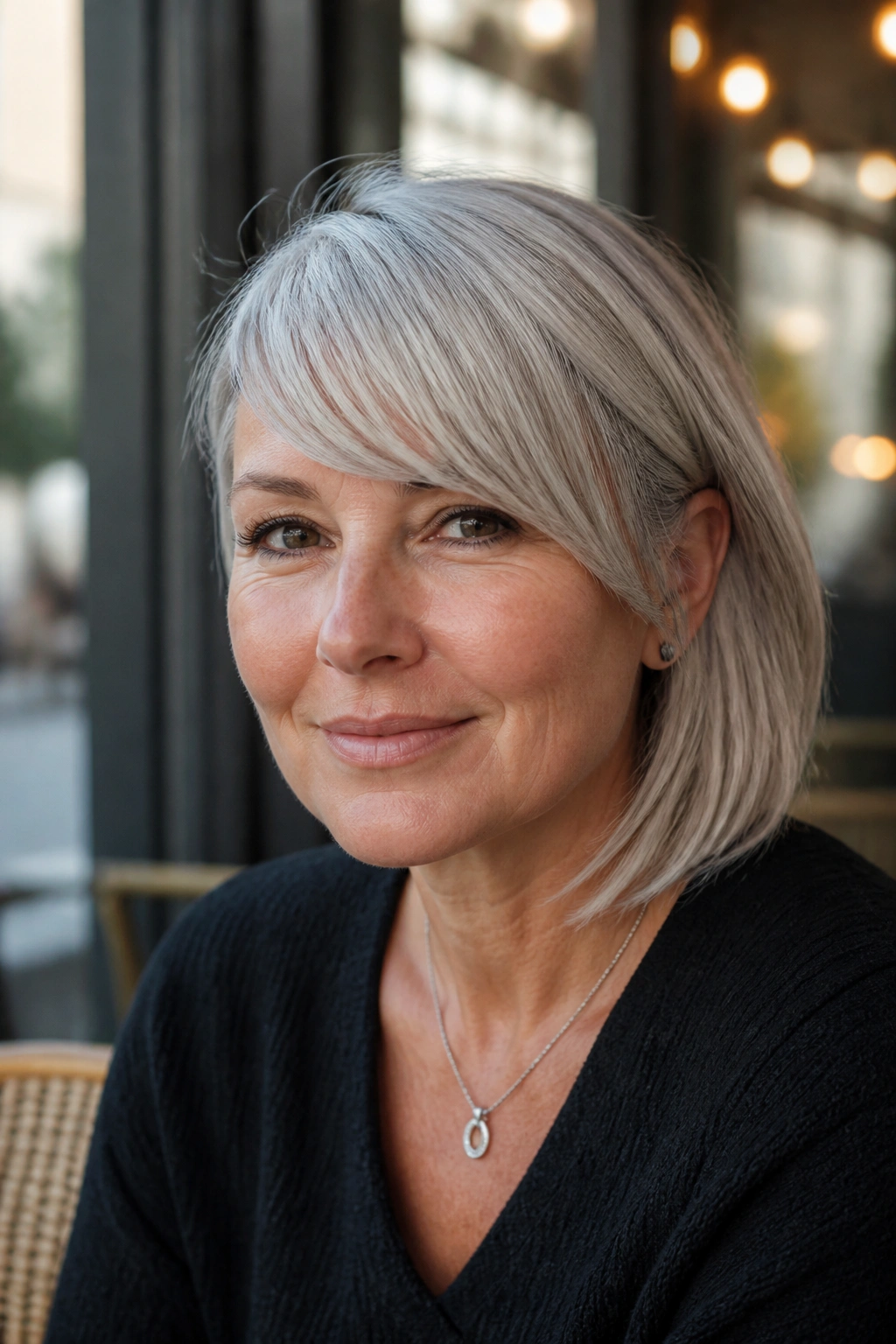 Portrait of a person with a side-swept silver fringe