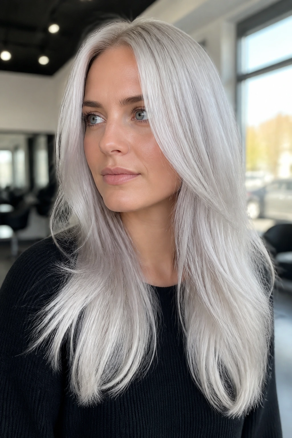 Close-up of a real person with silver frost blonde hair in a softly lit salon.