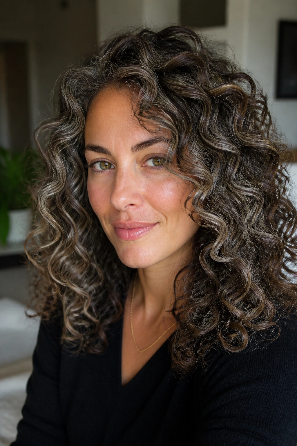 Close-up portrait of a real person with silver frost on curly brown hair