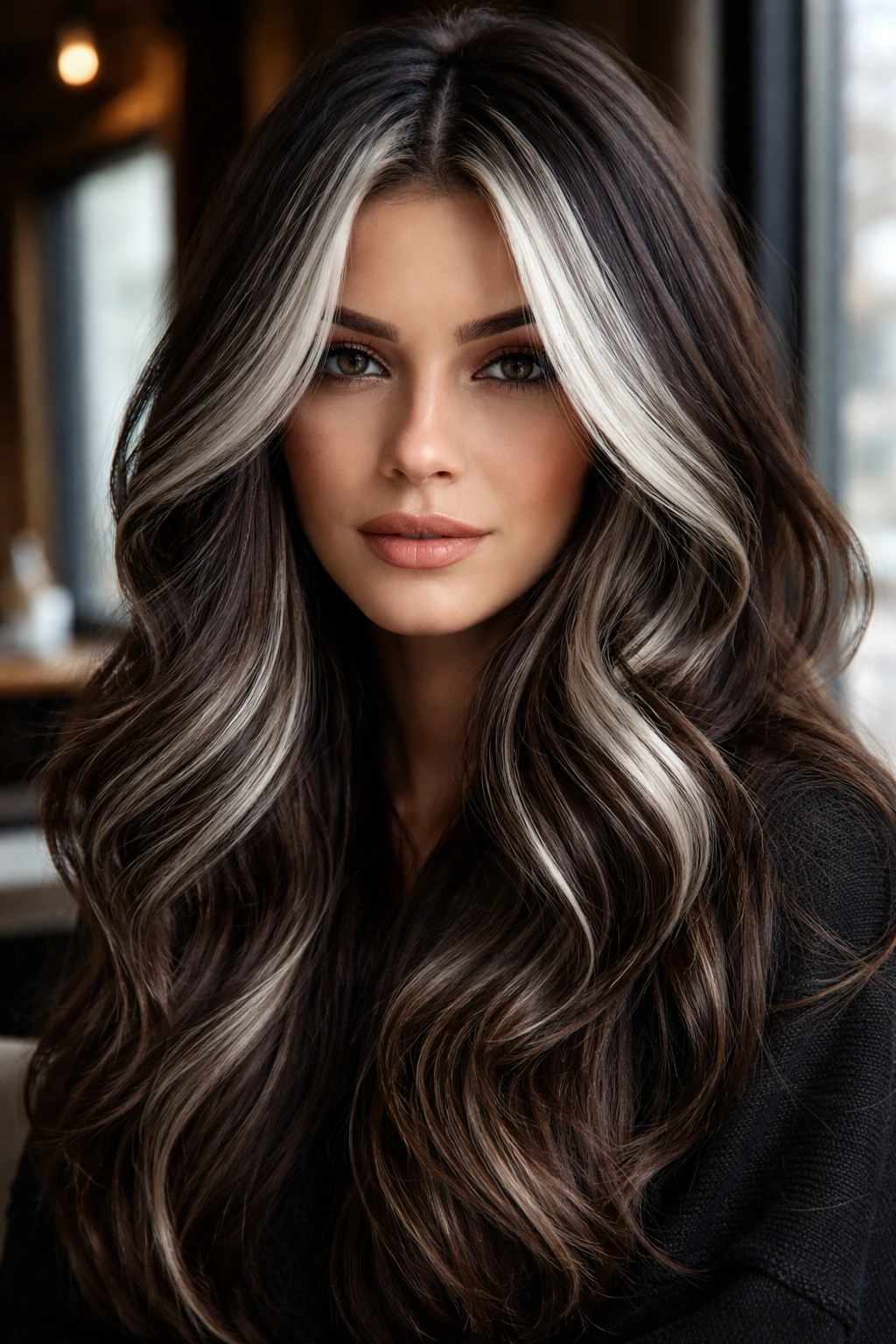 Close-up of hair showing bold silver frost on a dark mocha base