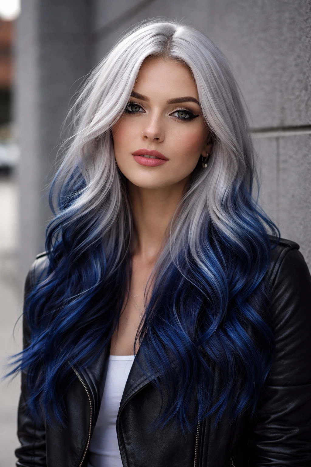 Real woman with silver frost hair and midnight blue tips