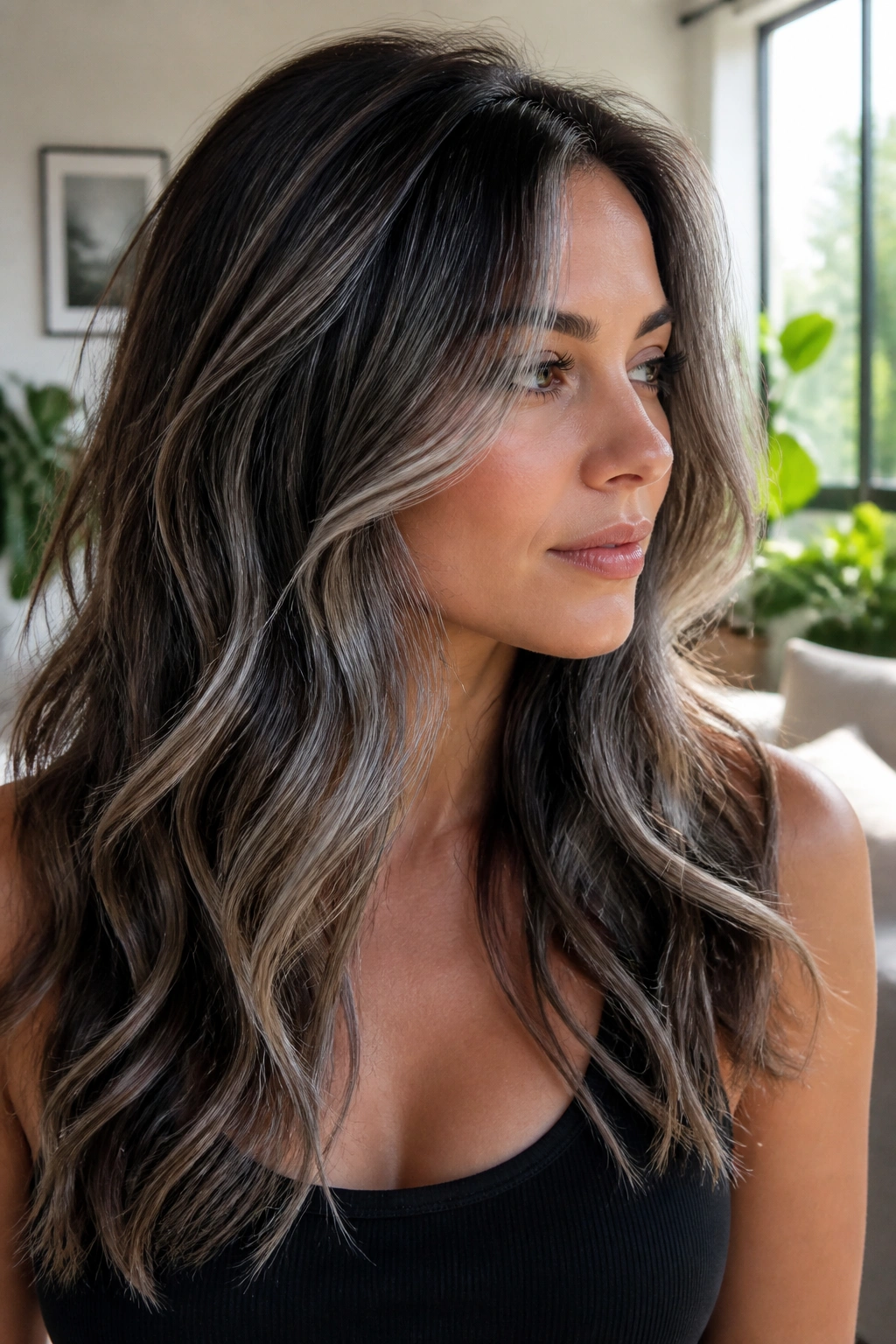 Close-up of a real woman with Silver Frost on Wavy Layers