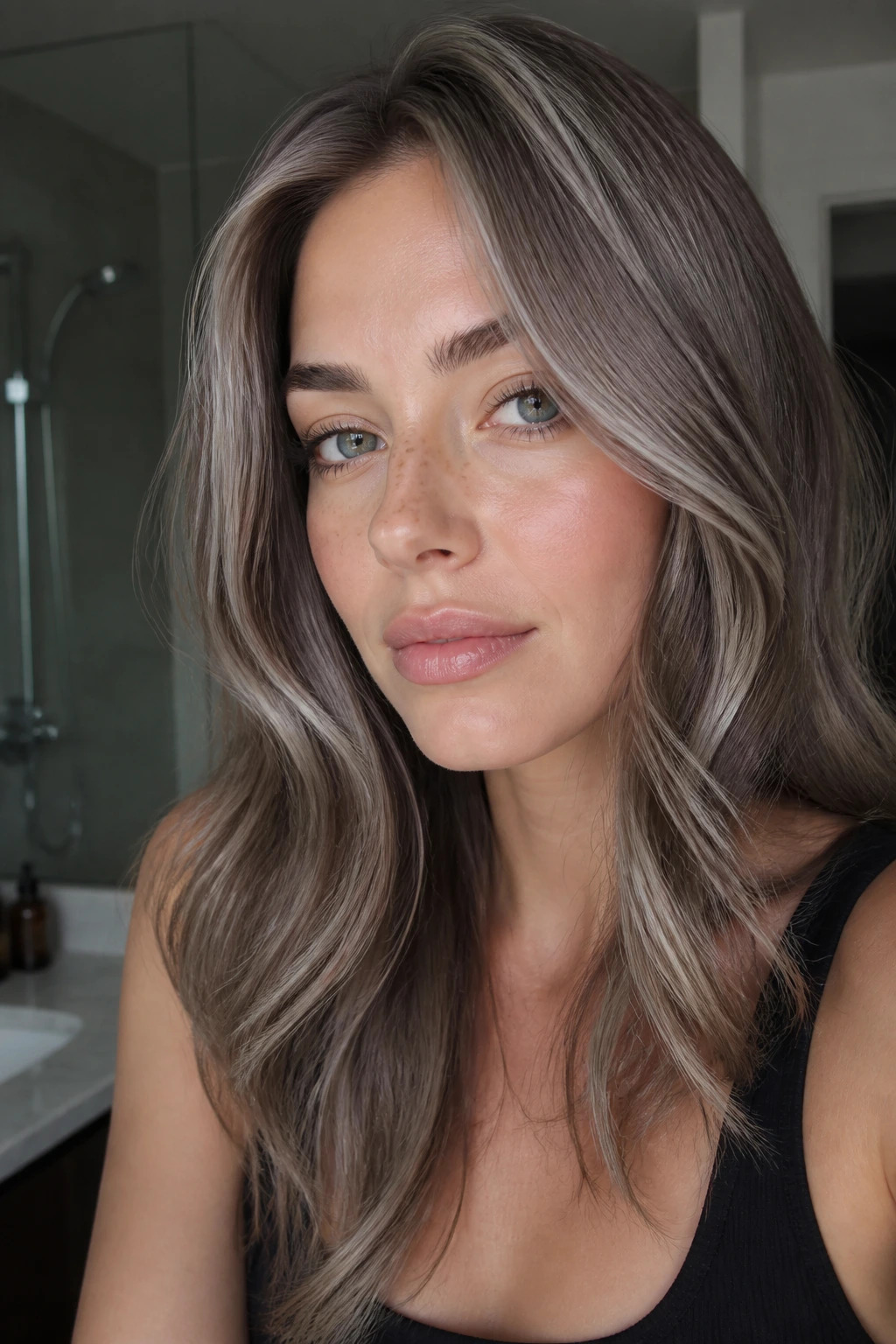 Close-up portrait of a real person with ash brown hair subtle silver glaze