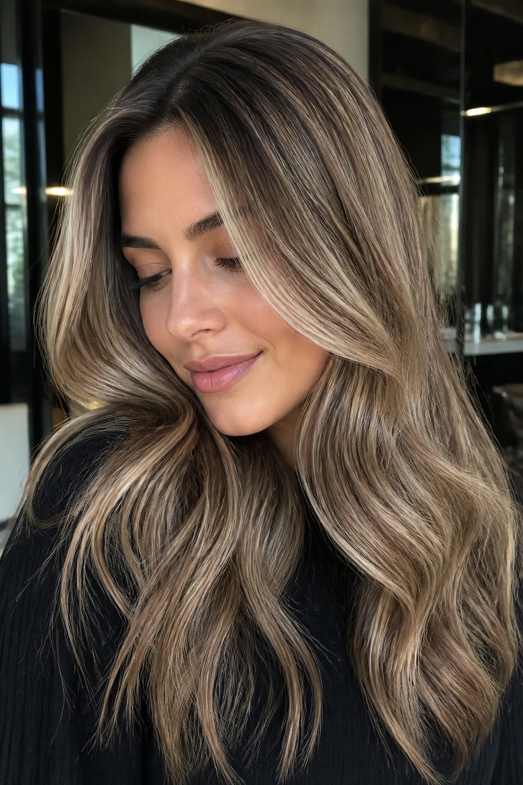 Portrait of a woman with silver glaze brown hair and subtle blond babylights