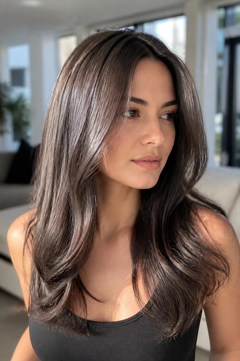 Close-up of a real woman with silver-glazed brunette hair reflecting light.